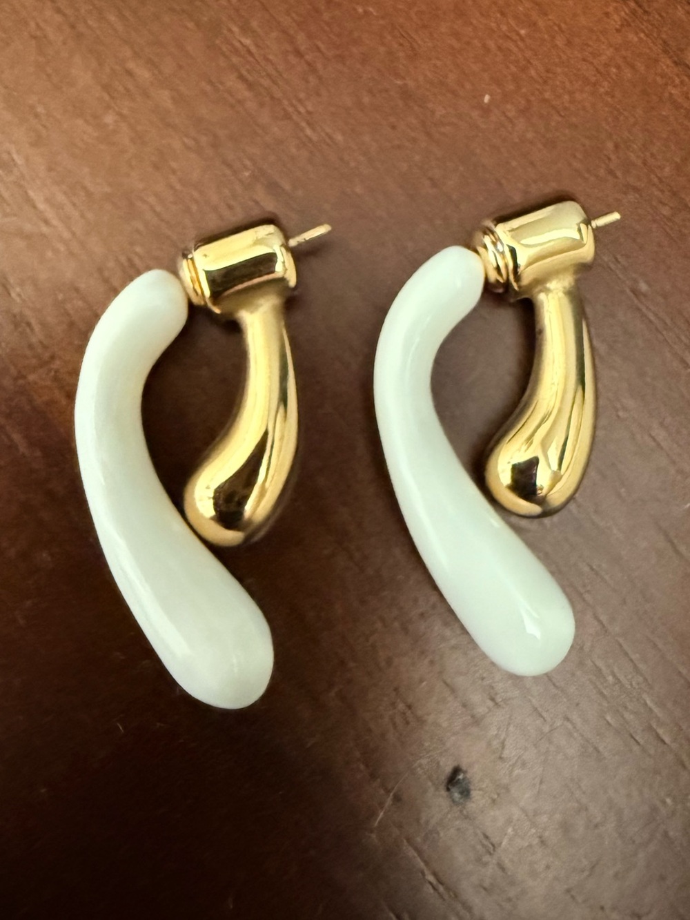 Gold and White Curved Hoop Drop Earrings